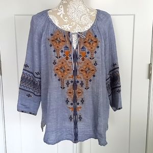 Johnny Was Embroidered Gauze Top Blue Size Large